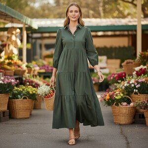 Pomander Place Mabel Sage Tiered Maxi Dress Cotton Puff Sleeve NWT Bohemian